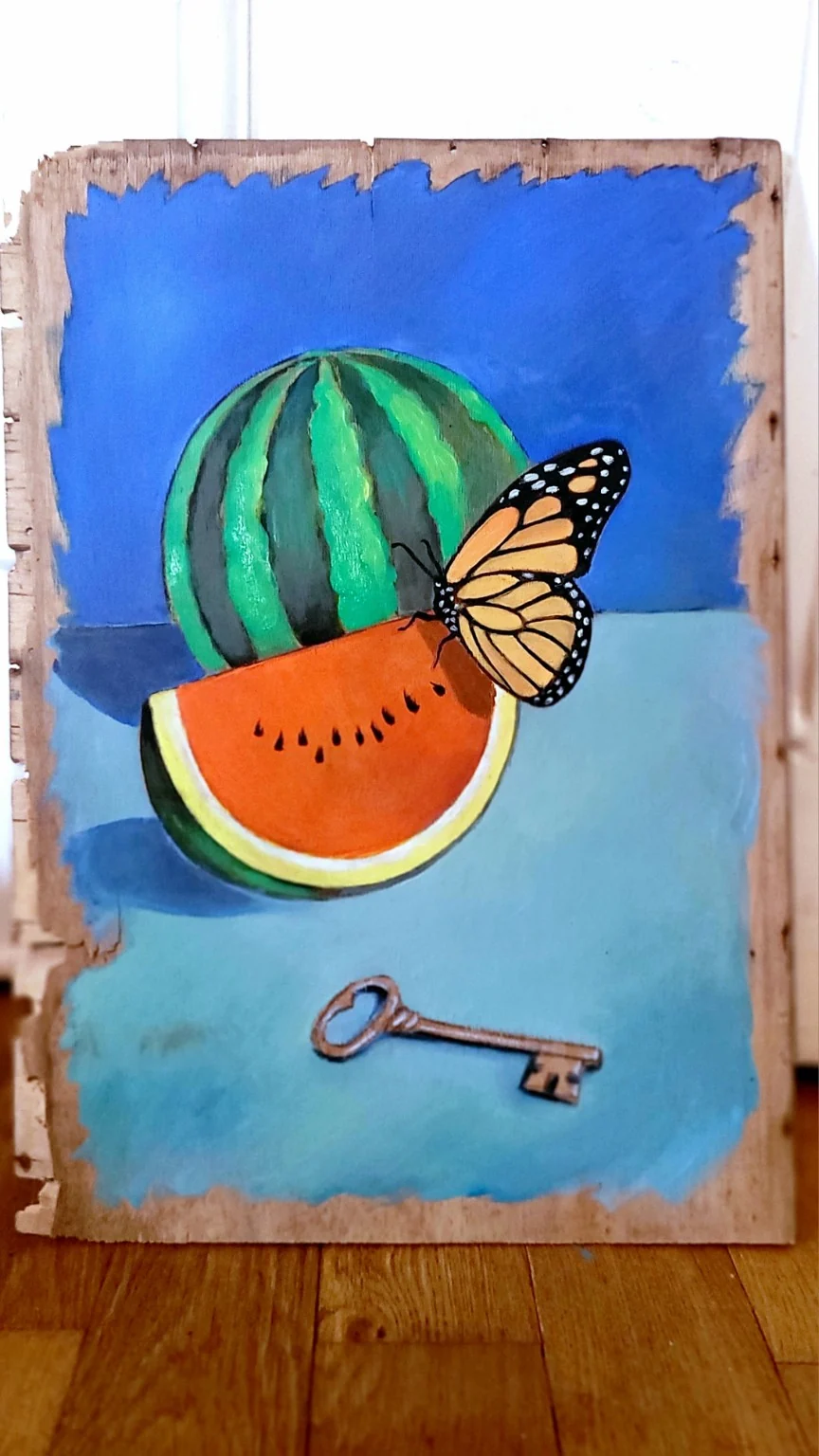 Peinture avec pastèque, papillon monarque et clé